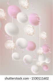 Background with levitating air balloons and serpentine. Vector illustration
