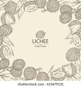Background with lichee: lichee fruit and leaves. Hand drawn