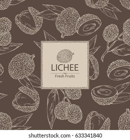 Background with lichee: lichee fruit and leaves. Hand drawn.