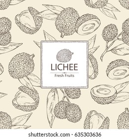 Background with lichee: lichee fruit and leaves. Hand drawn.