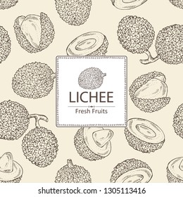 Background with lichee: lichee fruit and leaves. Vector hand drawn illustration. 