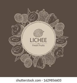Background with lichee: lichee fruit and leaves. Vector hand drawn illustration. 
