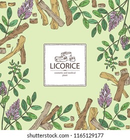 Background with licorice: licorice plant, flowers and licorice root. Cosmetics and medical plant. Vector hand drawn illustration.