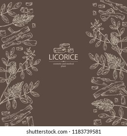 Background with licorice: licorice plant, flowers and licorice root. Cosmetics and medical plant. Vector hand drawn illustration.