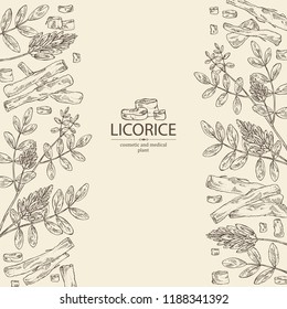 Background with licorice: licorice plant, flowers and licorice root. Cosmetics and medical plant. Vector hand drawn illustration.