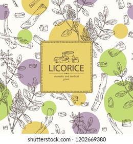 Background with licorice: licorice plant, flowers and licorice root. Cosmetics and medical plant. Vector hand drawn illustration.