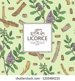 Background with licorice: licorice plant, flowers and licorice root. Cosmetics and medical plant. Vector hand drawn illustration.