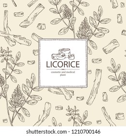 Background with licorice: licorice plant, flowers and licorice root. Cosmetics and medical plant. Vector hand drawn illustration.