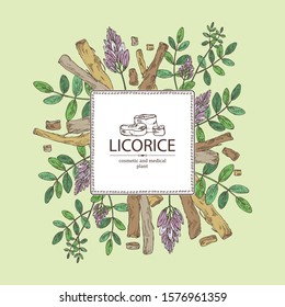 Background with licorice: licorice plant, flowers and licorice root. Cosmetics and medical plant. Vector hand drawn illustration.