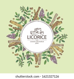 Background with licorice: licorice plant, flowers and licorice root. Cosmetics and medical plant. Vector hand drawn illustration.