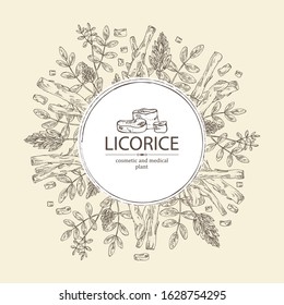 Background with licorice: licorice plant, flowers and licorice root. Cosmetics and medical plant. Vector hand drawn illustration.