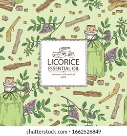 Background with licorice plant, flowers, root and bottle of licorice essential oil. Cosmetic, perfumery and medical plant. Vector hand drawn illustration.