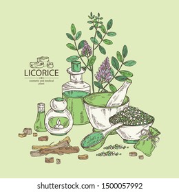 Background with  licorice:  licorice root, flowers, soap and bath salt. Cosmetic and medical plant. Vector hand drawn illustration