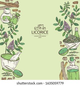 Background with  licorice:  licorice root, flowers, soap and bath salt. Cosmetic and medical plant. Vector hand drawn illustration