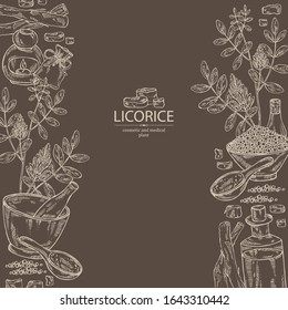 Background with  licorice:  licorice root, flowers, soap and bath salt. Cosmetic and medical plant. Vector hand drawn illustration