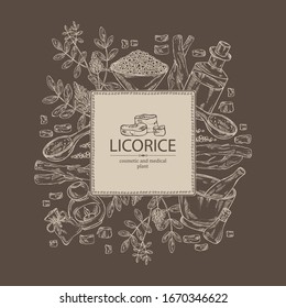 Fondo con regaliz:  raíz de regaliz, flores, jabón y sal de baño. Planta cosmética y médica. Ilustración dibujada a mano por el vector