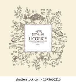 Background with  licorice:  licorice root, flowers, soap and bath salt. Cosmetic and medical plant. Vector hand drawn illustration