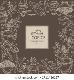 Background with  licorice:  licorice root, flowers, soap and bath salt. Cosmetic and medical plant. Vector hand drawn illustration