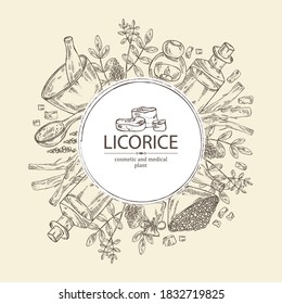 Background with  licorice:  licorice root, flowers, soap and bath salt. Cosmetic and medical plant. Vector hand drawn illustration
