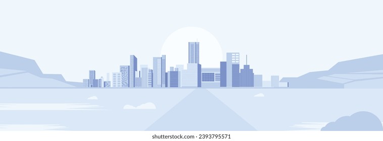 Background of a light blue cityscape. monochromatic street scene in a metropolitan setting. A flat-styled panoramic of modern architecture. Horizontal background illustration in vector style