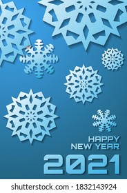 Background in light blue colors with papercut style snowflakes. Happy new year 2021