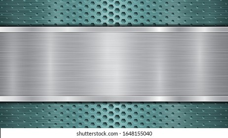 Fondo de superficie metálica perforada de color azul claro con agujeros y chapa horizontal pulida de plata con textura metálica, resplandor y bordes brillantes