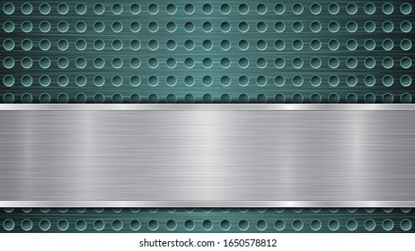 Background of light blue perforated metallic surface with holes and horizontal silver polished plate with a metal texture, glares and shiny edges