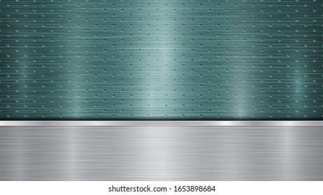 Background of light blue perforated metallic surface with holes and horizontal silver polished plate with a metal texture, glares and shiny edges