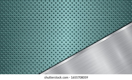 Hintergrund der hellblauen, perforierten metallischen Oberfläche mit Löchern und verglänztem, silberpoliertem Blech mit Metallstruktur, Glares und glänzenden Kanten