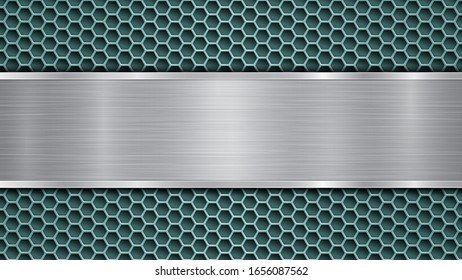 Fondo de superficie metálica perforada de color azul claro con agujeros y chapa horizontal pulida de plata con textura metálica, resplandor y bordes brillantes