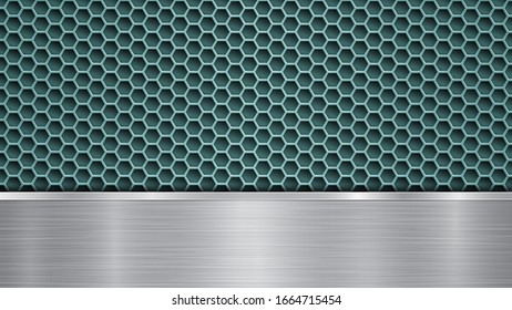 Background of light blue perforated metallic surface with holes and horizontal silver polished plate with a metal texture, glares and shiny edges