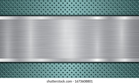 Background of light blue perforated metallic surface with holes and horizontal silver polished plate with a metal texture, glares and shiny edges