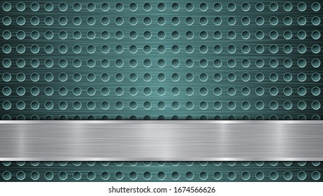 Background of light blue perforated metallic surface with holes and horizontal silver polished plate with a metal texture, glares and shiny edges