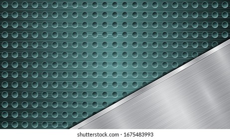 Fondo de superficie metálica liviana perforada con agujeros y placa de plata pulida y anglicada con textura metálica, resplandor y bordes brillantes