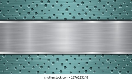 Fondo de superficie metálica perforada de color azul claro con agujeros y chapa horizontal pulida de plata con textura metálica, resplandor y bordes brillantes