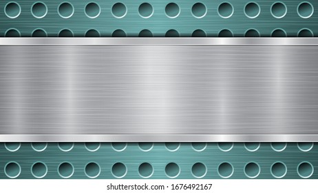 Background of light blue perforated metallic surface with holes and horizontal silver polished plate with a metal texture, glares and shiny edges