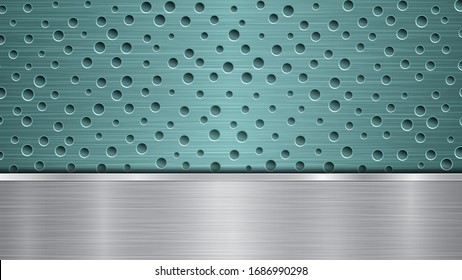 Background of light blue perforated metallic surface with holes and horizontal silver polished plate with a metal texture, glares and shiny edges