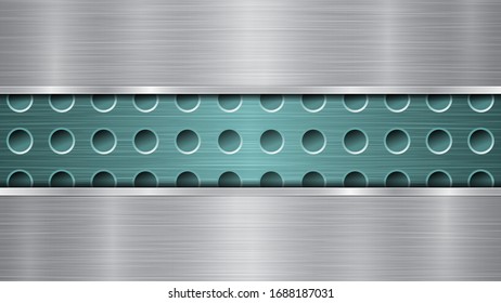 Fondo de superficie metálica perforada de color azul claro con agujeros y dos placas horizontales de pulido plateado con textura metálica, resplandecientes y bordes brillantes