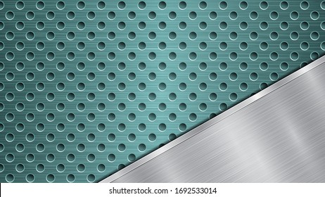 Background of light blue perforated metallic surface with holes and angled silver polished plate with a metal texture, glares and shiny edges
