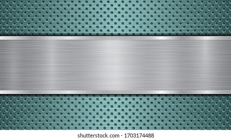 Background of light blue perforated metallic surface with holes and horizontal silver polished plate with a metal texture, glares and shiny edges