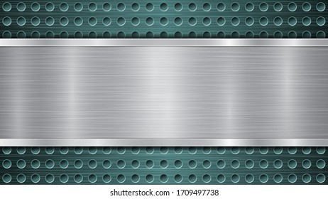 Background of light blue perforated metallic surface with holes and horizontal silver polished plate with a metal texture, glares and shiny edges