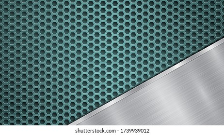 Background of light blue perforated metallic surface with holes and angled silver polished plate with a metal texture, glares and shiny edges