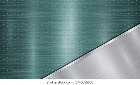 Hintergrund der hellblauen, perforierten metallischen Oberfläche mit Löchern und vergletscherten, silberglänzenden Platten mit Metallstruktur, Glares und glänzenden Kanten