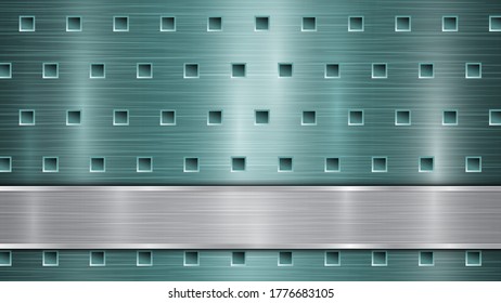 Fondo de la superficie metálica perforada azul claro con agujeros y placa horizontal pulida de plata con textura metálica, glares y bordes brillantes