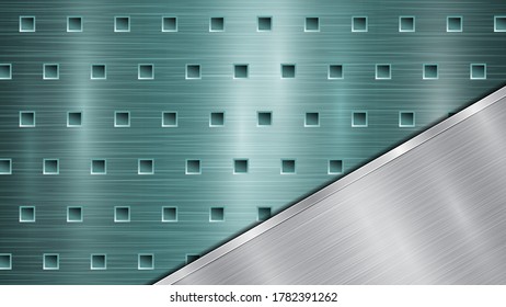 Fondo de superficie metálica perforada azul claro con agujeros y placa de plata pulida con textura metálica, glares y bordes brillantes