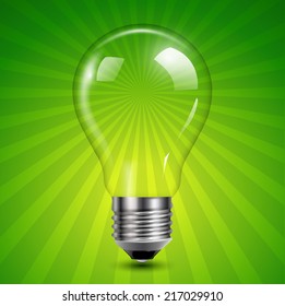 Fondo con bombilla de luz sobre ráfaga verde, ilustración vectorial.