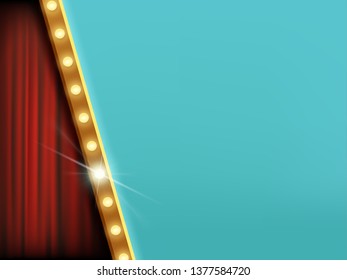 Background with light bulbs and red curtain. Vector illustration.