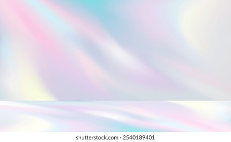 Hintergrund Regenbogen Lichtbrechung Textur Overlay auf weißer Wand für Produkt vorhanden, 3D Studio Raum und Podium Display mit Drop diagonale holografische Fackel und Schatten, Prisma Lichteffekt auf Boden