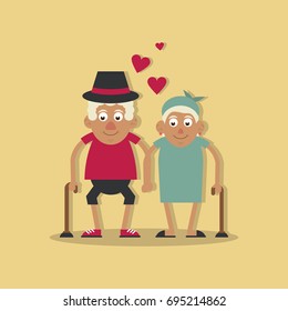 background light yellow color with couple of grandparents in love and holding hands and both with walking stick and him with hat