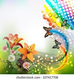 Background with lilies and butterflies